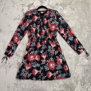 LOFT Dress Womens 4 Black/Red/Pink Floral Fit &‎ Flare Ruffle Neck Long Sleeve
